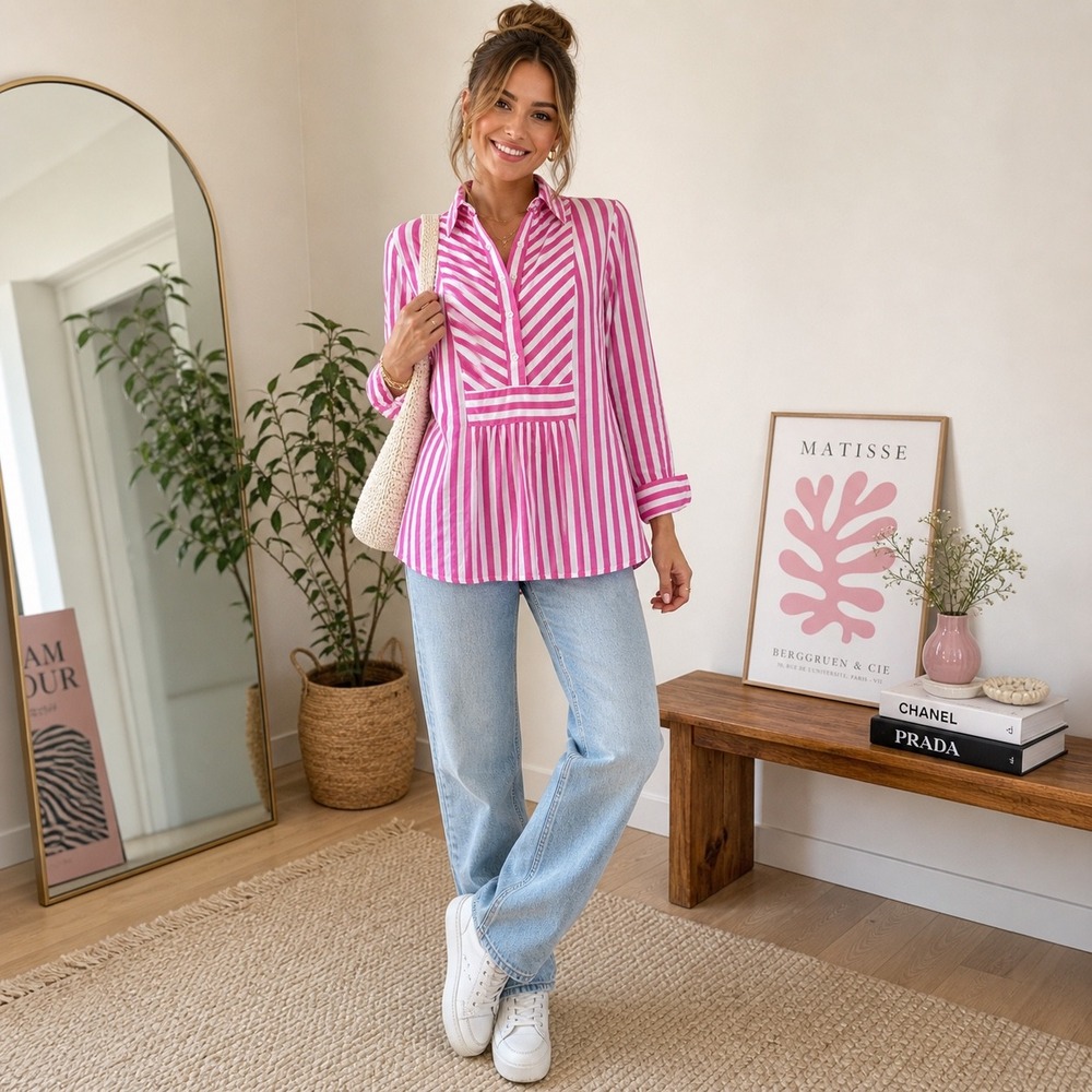 Southern Frock Pink White Stripe Tunic Blouse Linen Preppy Coastal Chic Top XS